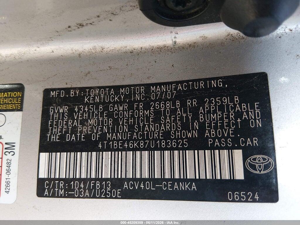 4T1BE46K87U183625 2007 TOYOTA CAMRY photo no. 9