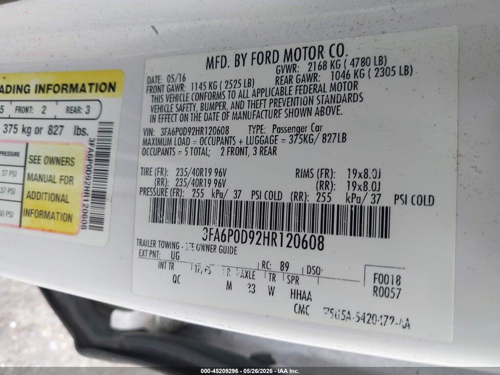 3FA6P0D92HR120608 2017 FORD FUSION photo no. 9