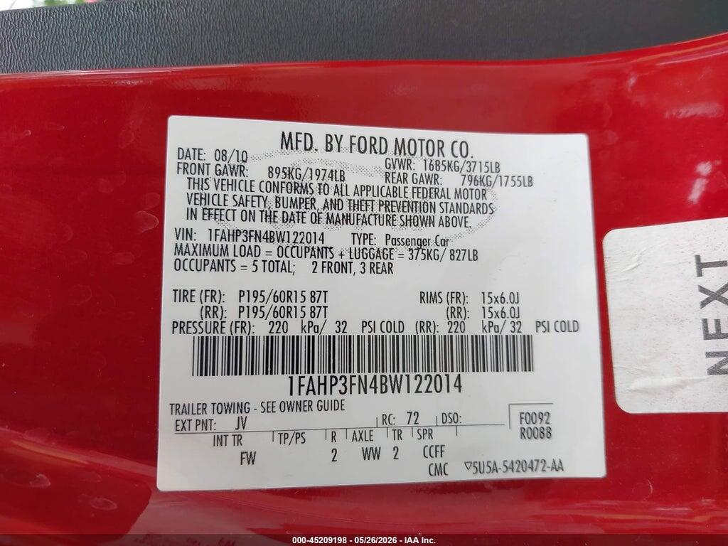 1FAHP3FN4BW122014 2011 FORD FOCUS photo no. 9