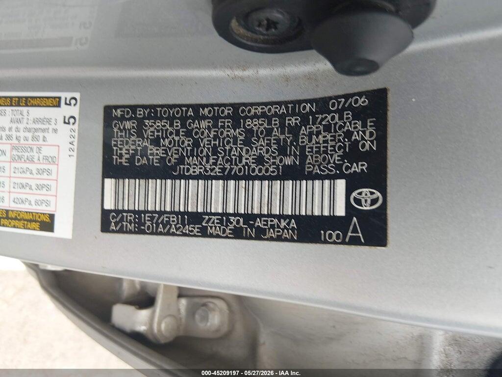 JTDBR32E770100051 2007 TOYOTA COROLLA photo no. 9