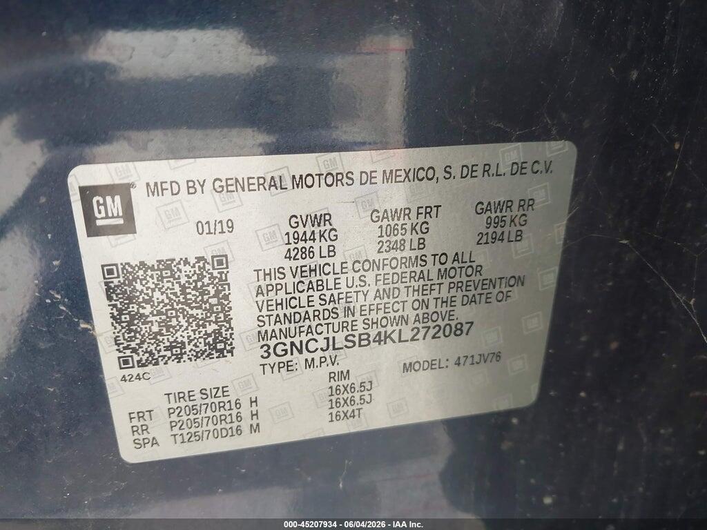 3GNCJLSB4KL272087 2019 CHEVROLET TRAX photo no. 9
