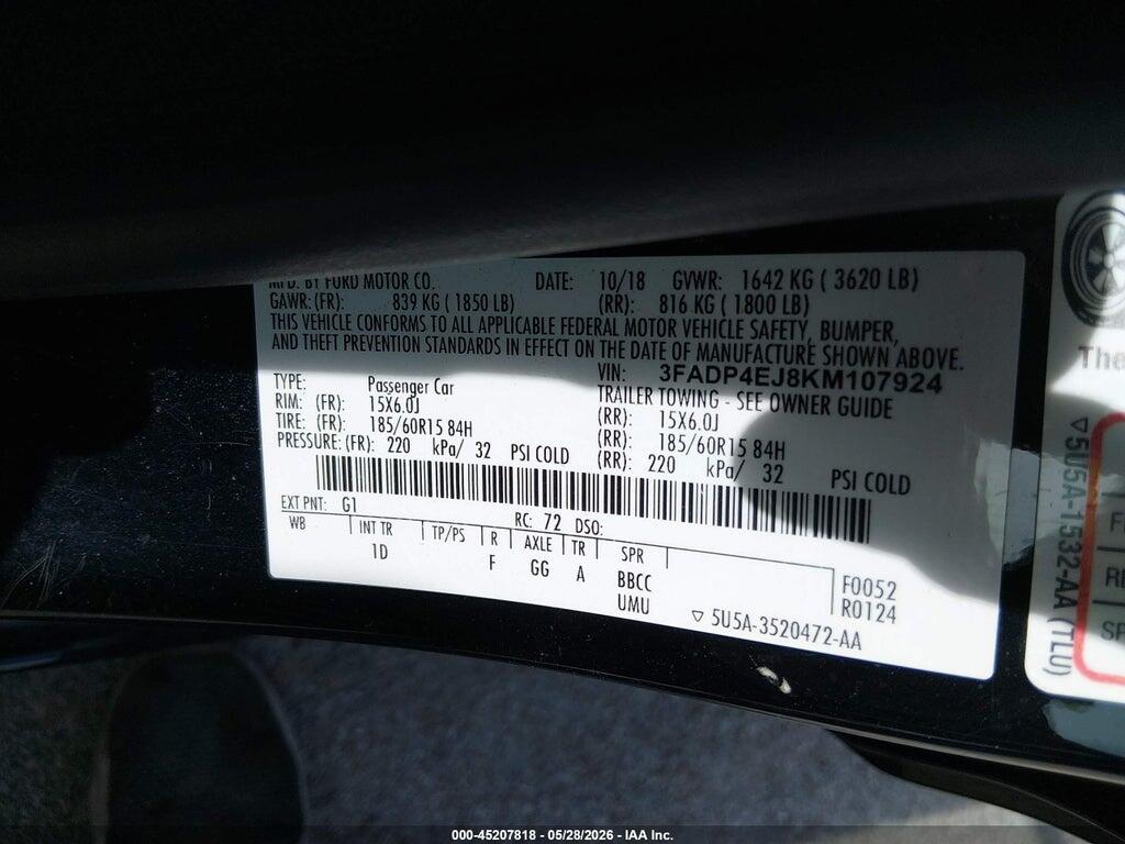 3FADP4EJ8KM107924 2019 FORD FIESTA photo no. 9