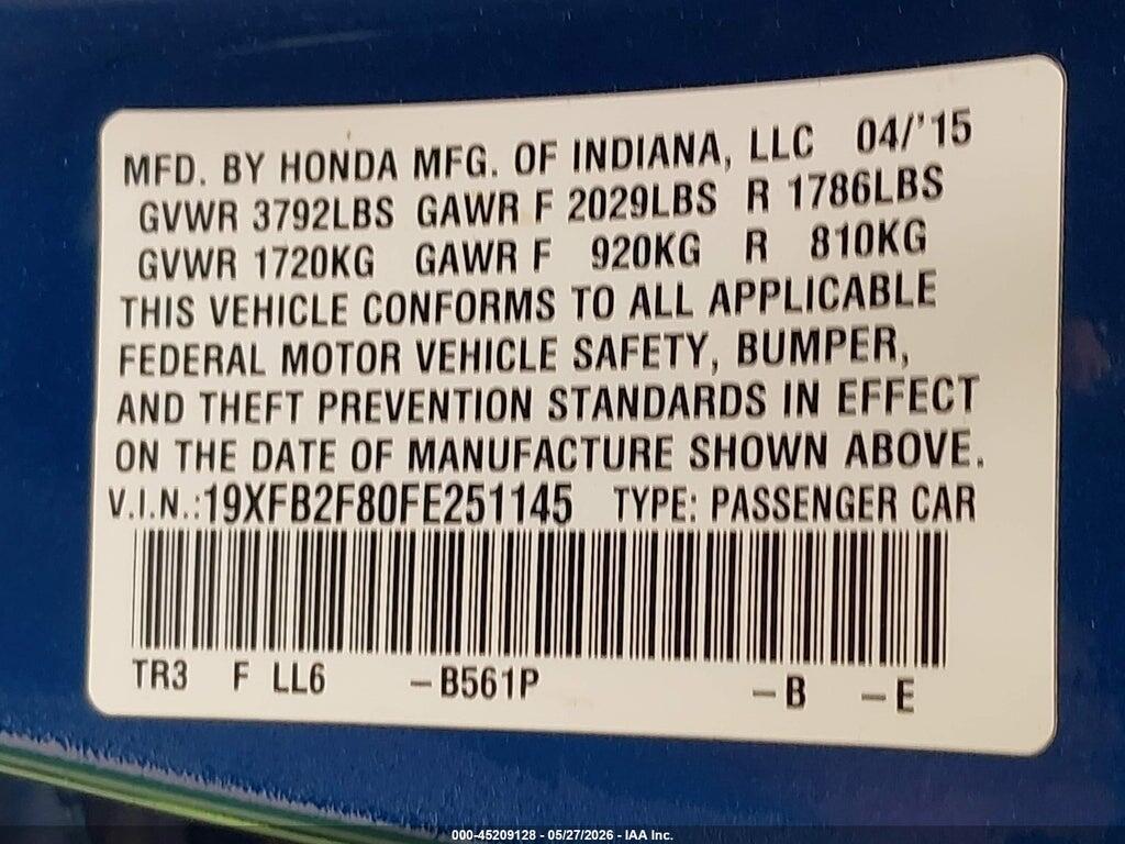 19XFB2F80FE251145 2015 HONDA CIVIC photo no. 9