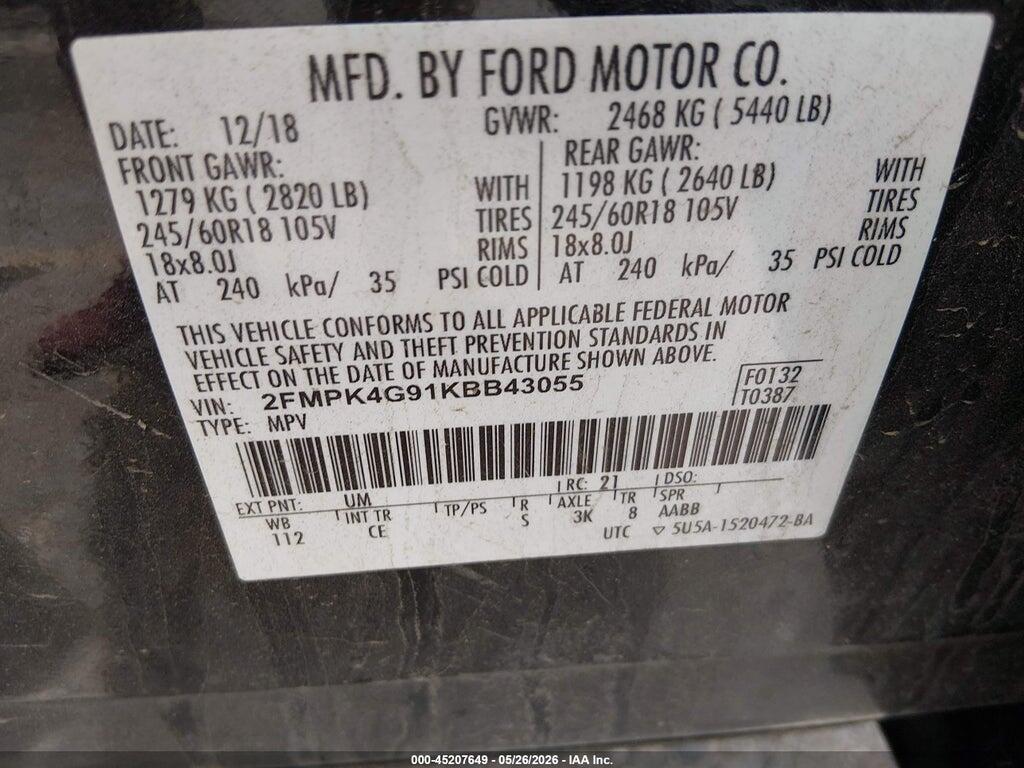 2FMPK4G91KBB43055 2019 FORD EDGE photo no. 9