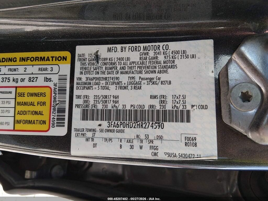 3FA6P0HD2HR274590 2017 FORD FUSION photo no. 9