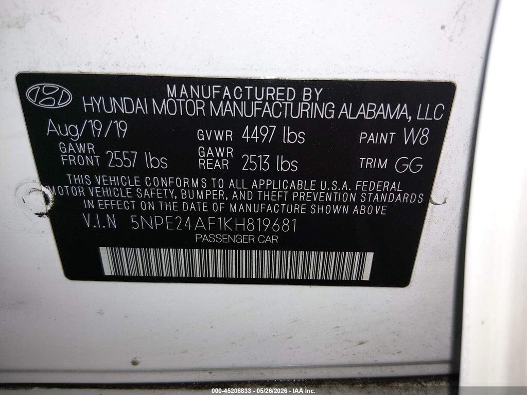 5NPE24AF1KH819681 2019 HYUNDAI SONATA photo no. 9