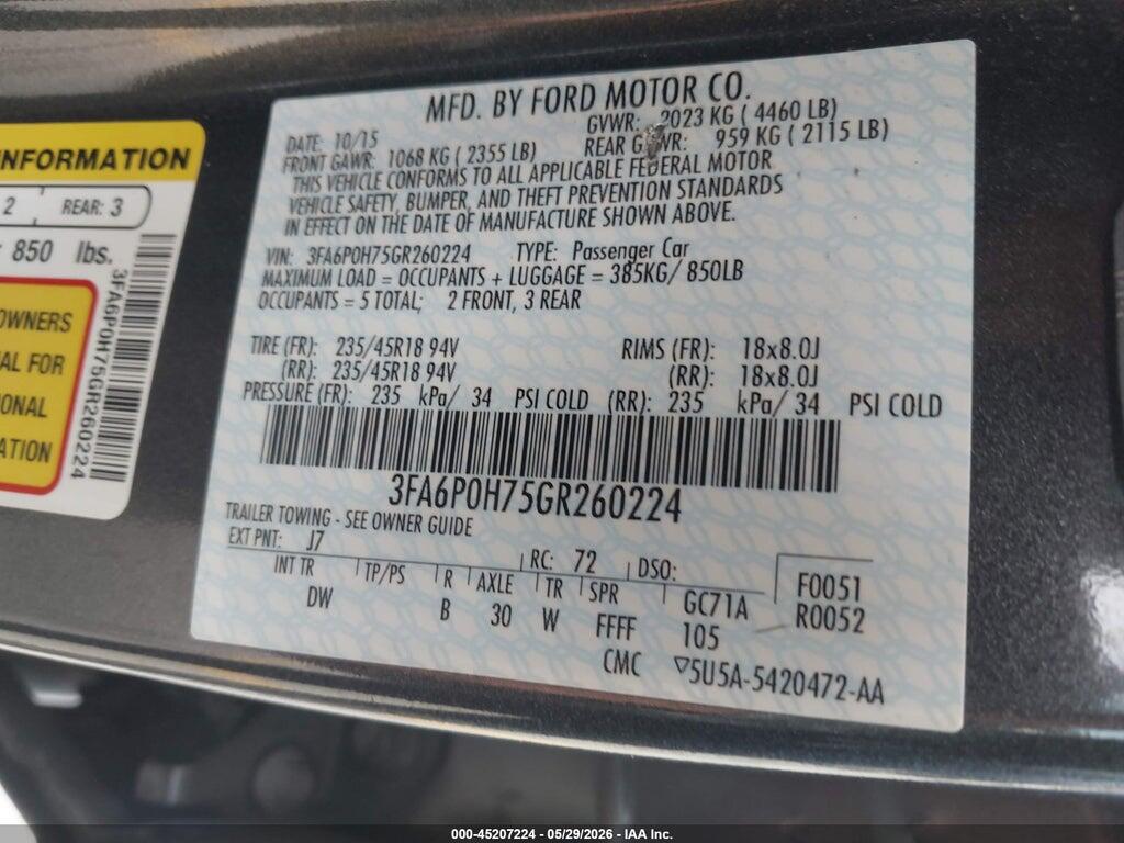 3FA6P0H75GR260224 2016 FORD FUSION photo no. 9