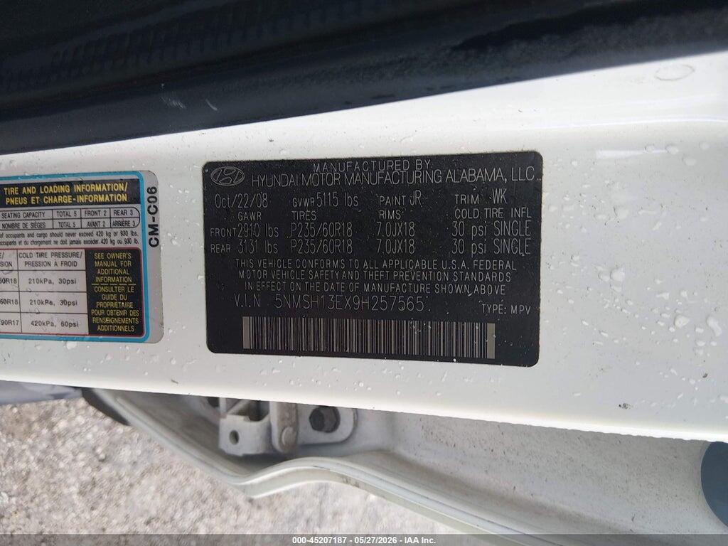 5NMSH13EX9H257565 2009 HYUNDAI SANTA FE photo no. 9