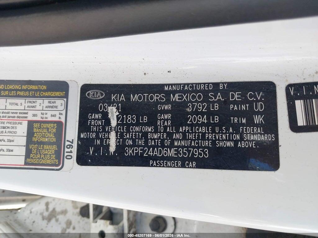 3KPF24AD6ME357953 2021 KIA FORTE photo no. 9