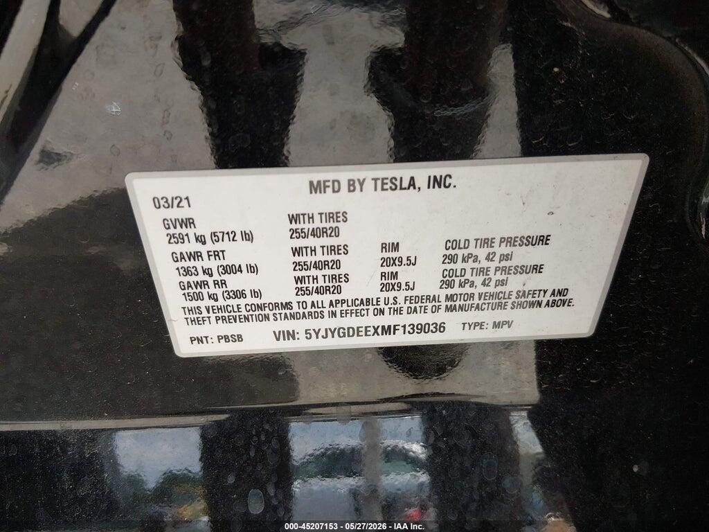 5YJYGDEEXMF139036 2021 TESLA MODEL Y photo no. 9