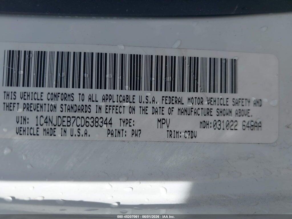 1C4NJDEB7CD638344 2012 JEEP COMPASS photo no. 9