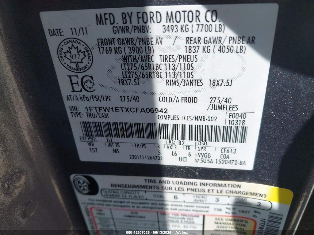 1FTFW1ETXCFA06942 2012 FORD F-150 photo no. 9