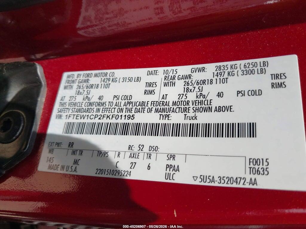 1FTEW1CP2FKF01195 2015 FORD F-150 photo no. 9