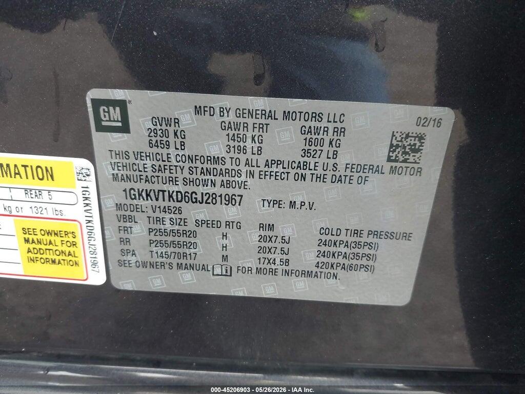 1GKKVTKD6GJ281967 2016 GMC ACADIA photo no. 9