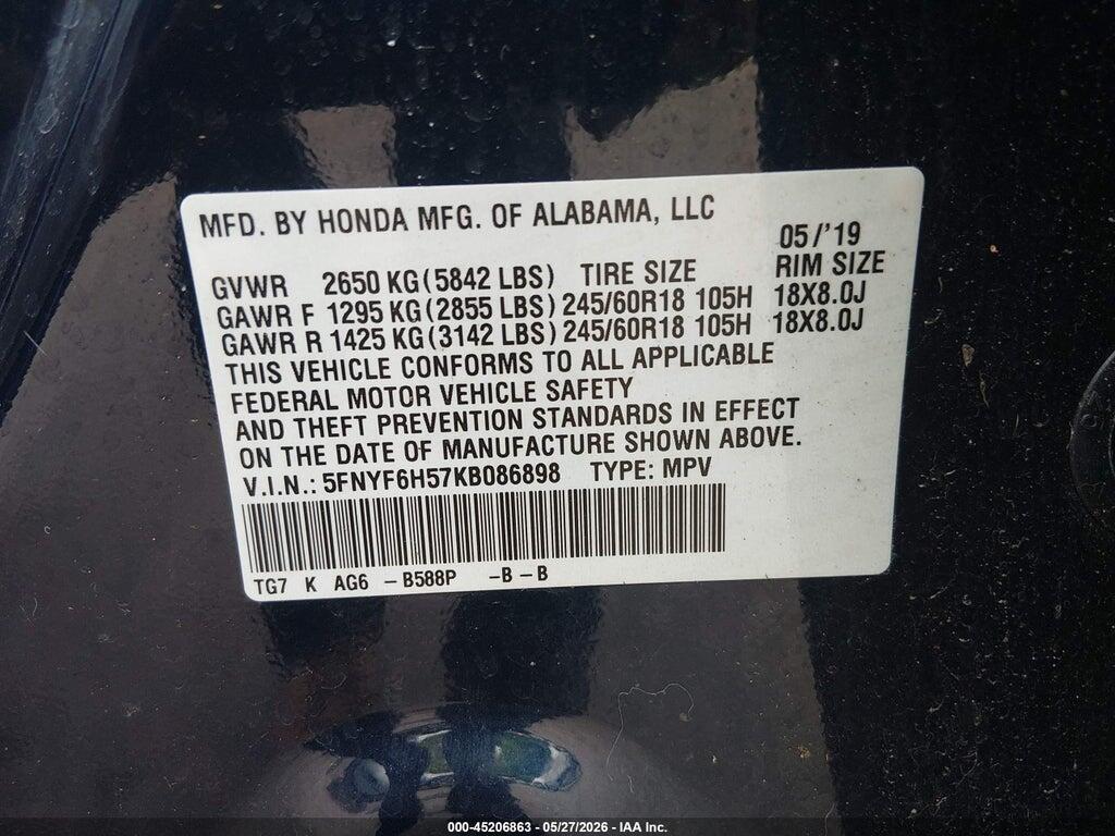 5FNYF6H57KB086898 2019 HONDA PILOT photo no. 9