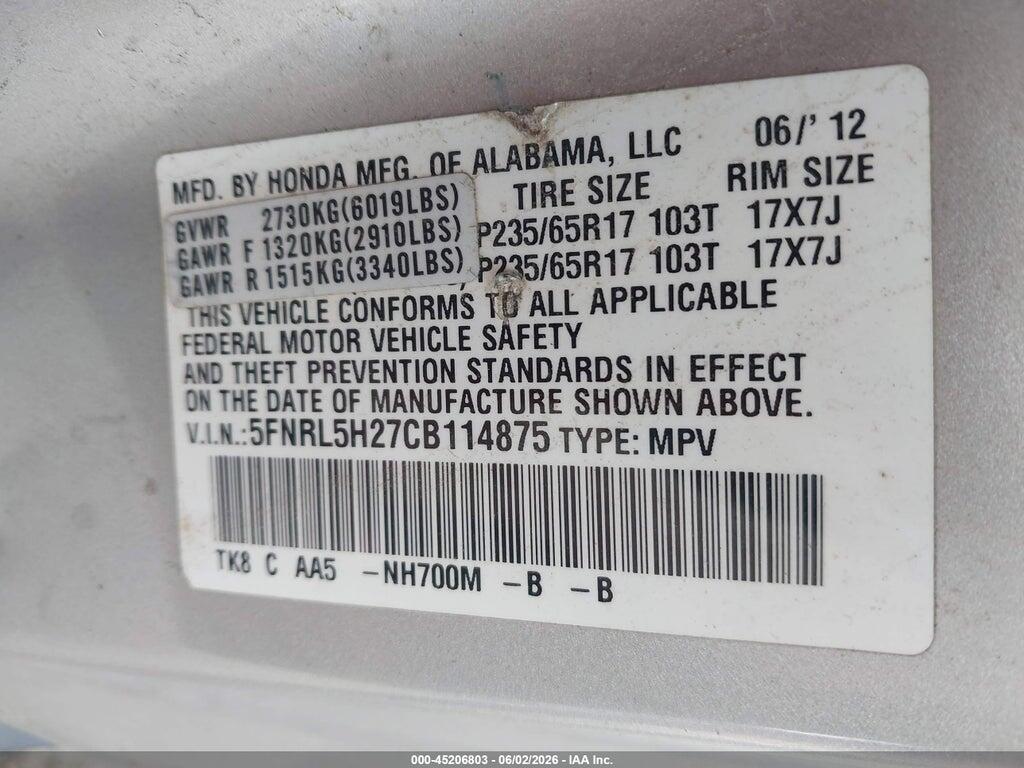 5FNRL5H27CB114875 2012 HONDA ODYSSEY photo no. 9