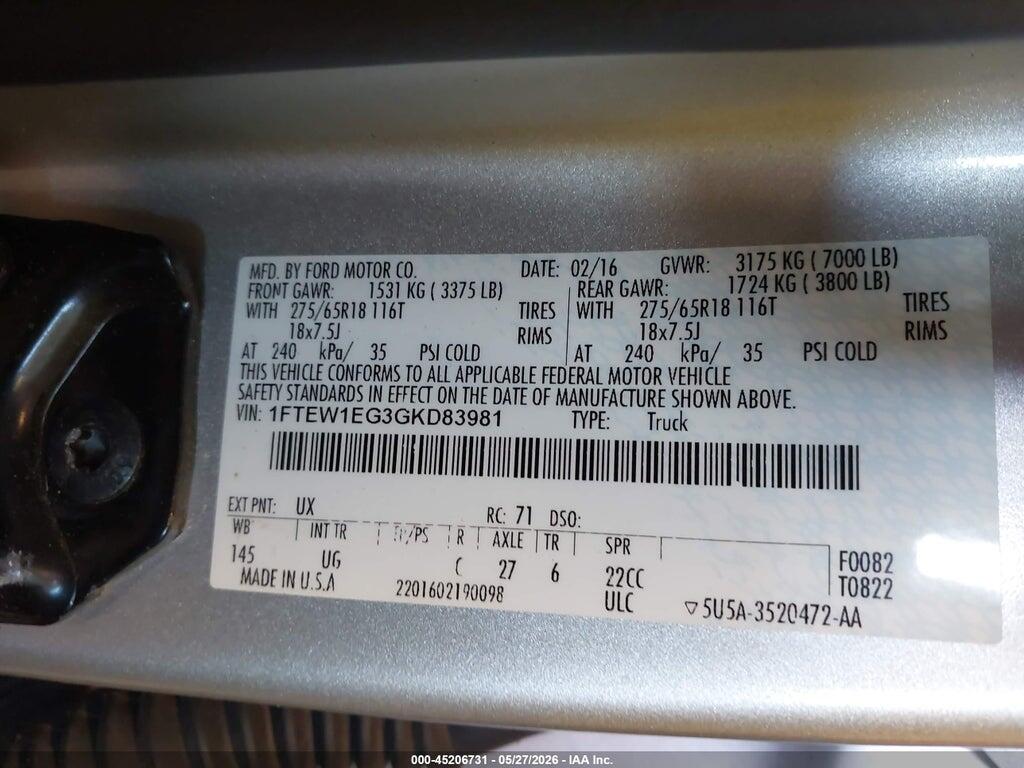 1FTEW1EG3GKD83981 2016 FORD F-150 photo no. 9