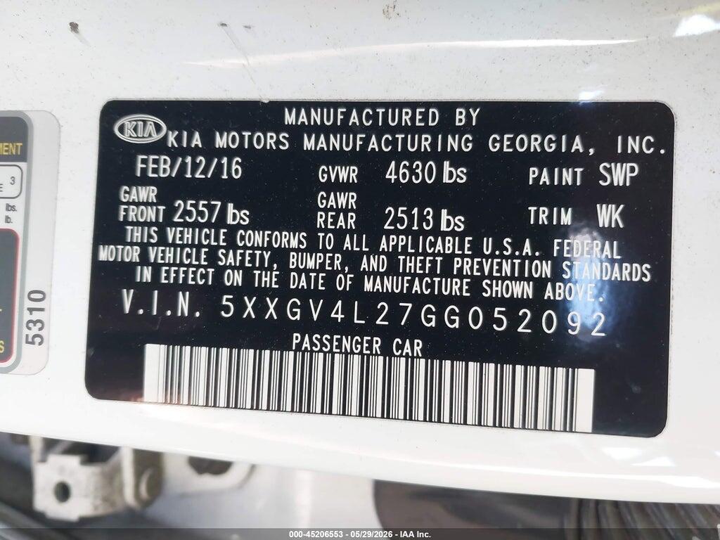 5XXGV4L27GG052092 2016 KIA OPTIMA photo no. 9