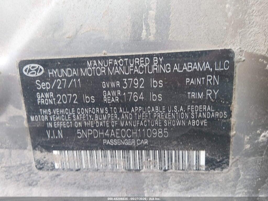 5NPDH4AE0CH110985 2012 HYUNDAI ELANTRA photo no. 9