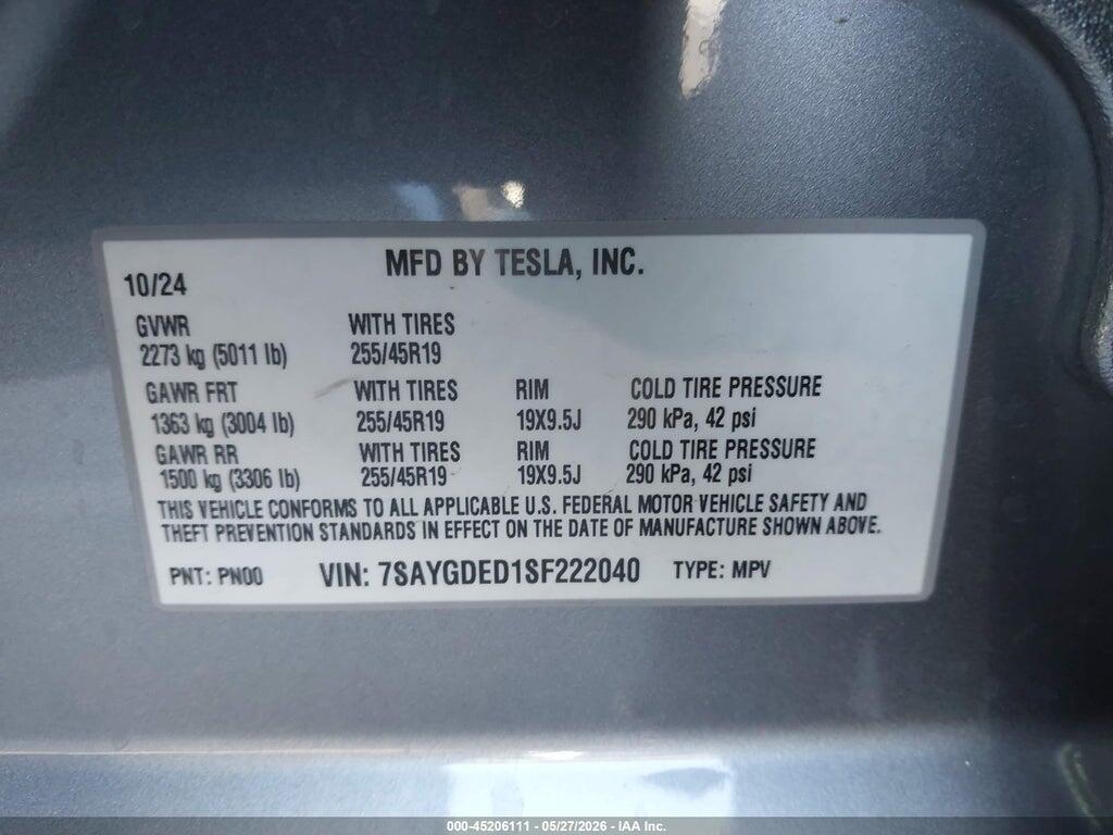 7SAYGDED1SF222040 2025 TESLA MODEL Y photo no. 9