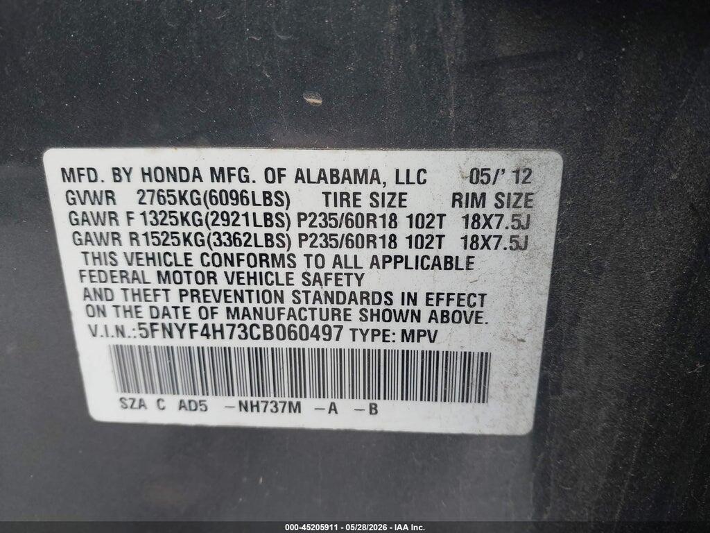 5FNYF4H73CB060497 2012 HONDA PILOT photo no. 9