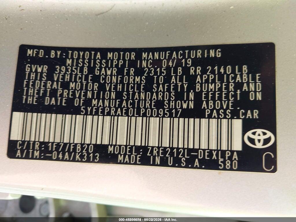 5YFEPRAE0LP009517 2020 TOYOTA COROLLA photo no. 9