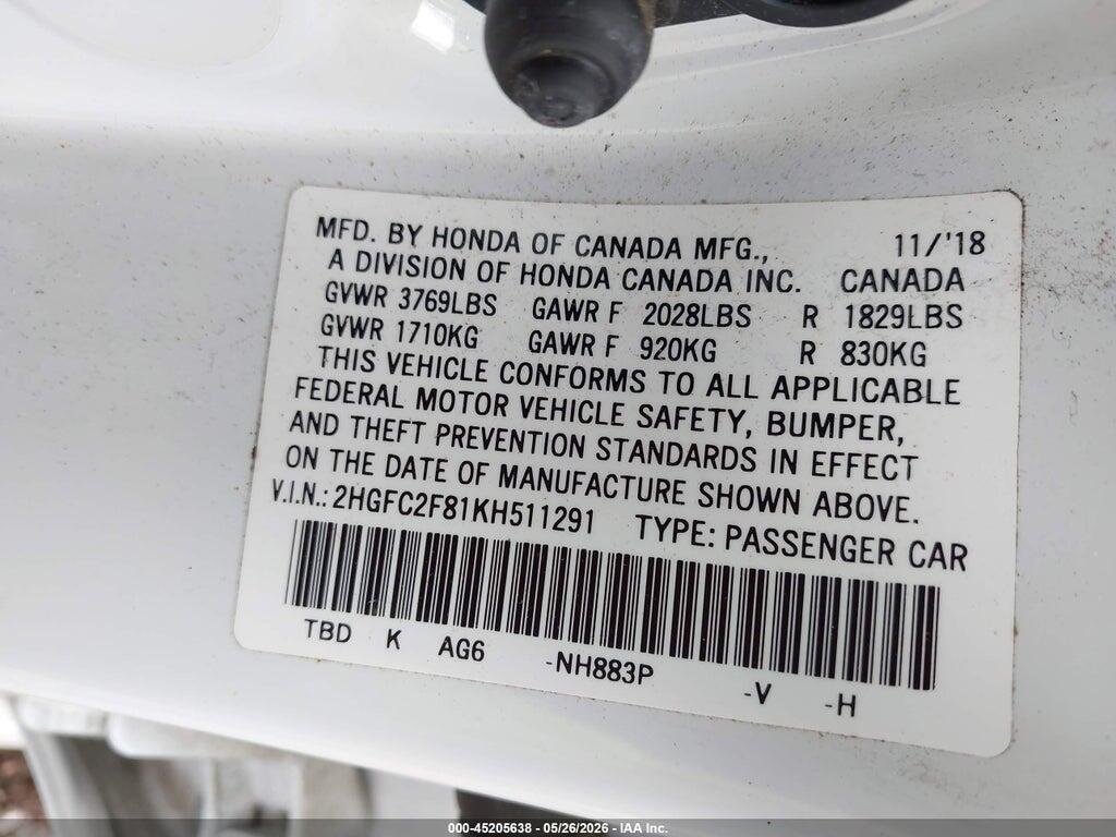 2HGFC2F81KH511291 2019 HONDA CIVIC photo no. 9