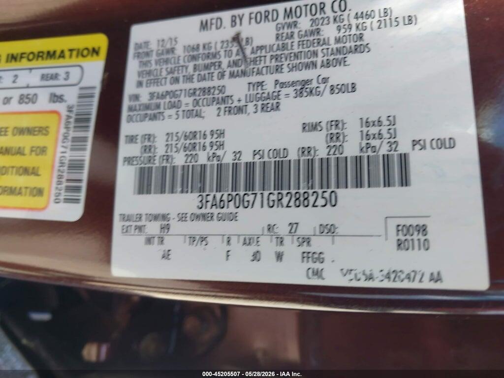 3FA6P0G71GR288250 2016 FORD FUSION photo no. 9