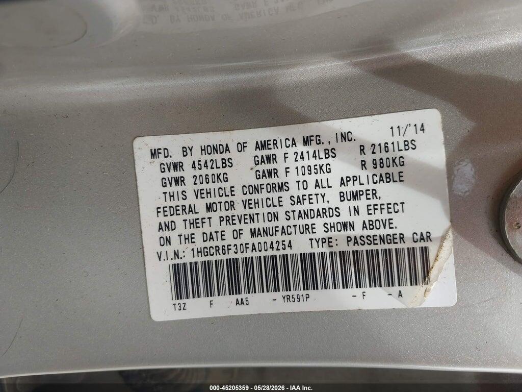 1HGCR6F30FA004254 2015 HONDA ACCORD HYBRID photo no. 9