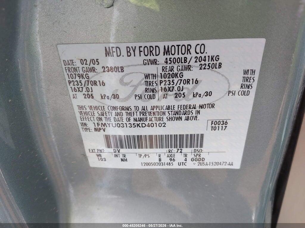 1FMYU03135KD40102 2005 FORD ESCAPE photo no. 9