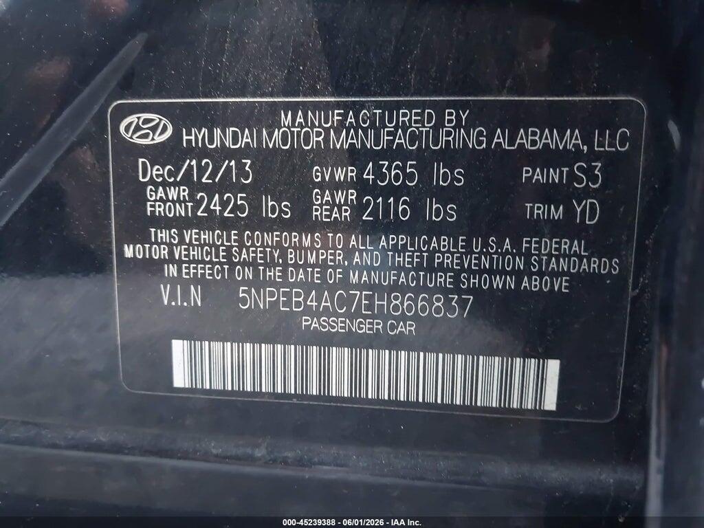 5NPEB4AC7EH866837 2014 HYUNDAI SONATA photo no. 9