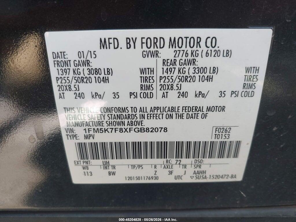 1FM5K7F8XFGB82078 2015 FORD EXPLORER photo no. 9