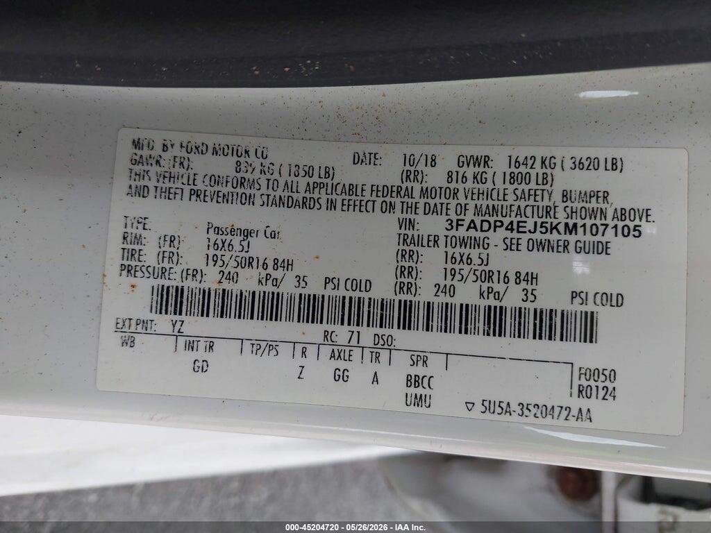 3FADP4EJ5KM107105 2019 FORD FIESTA photo no. 9