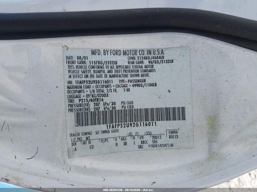1FAFP52U92G116011 2002 FORD TAURUS photo no. 9