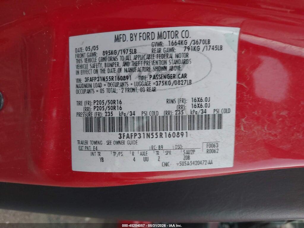 3FAFP31N55R160891 2005 FORD FOCUS photo no. 9