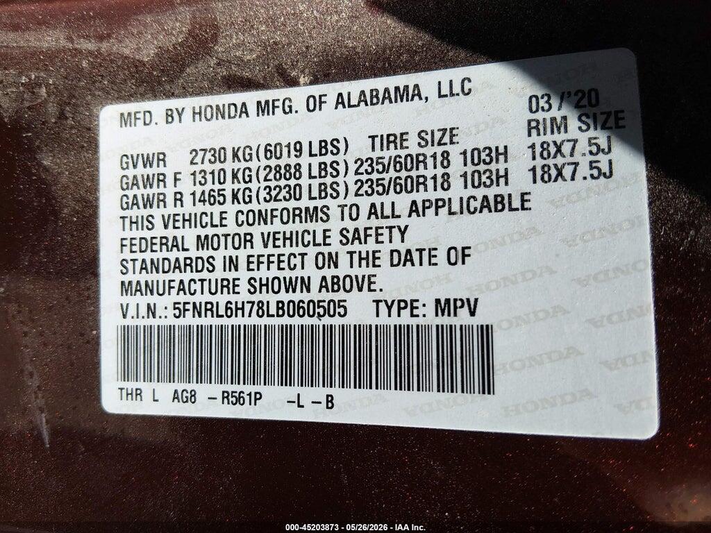 5FNRL6H78LB060505 2020 HONDA ODYSSEY photo no. 9