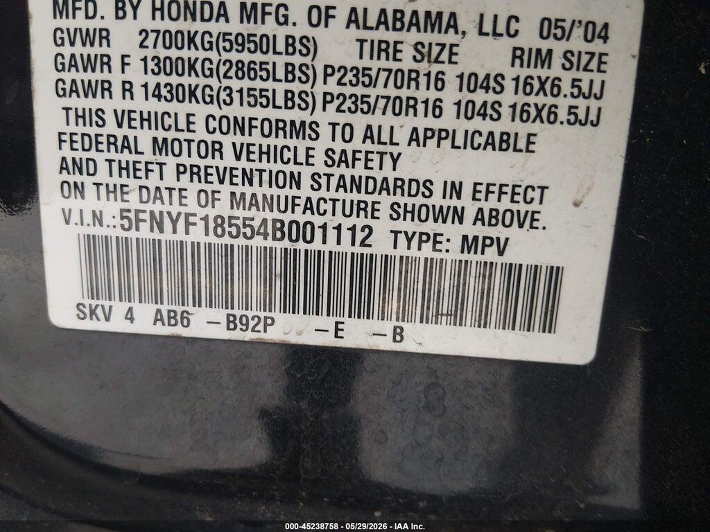 5FNYF18554B001112 2004 HONDA PILOT photo no. 9