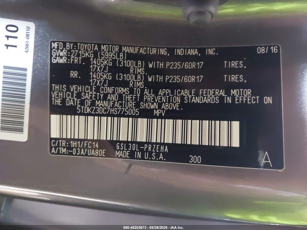 5TDKZ3DC7HS775005 2017 TOYOTA SIENNA photo no. 9