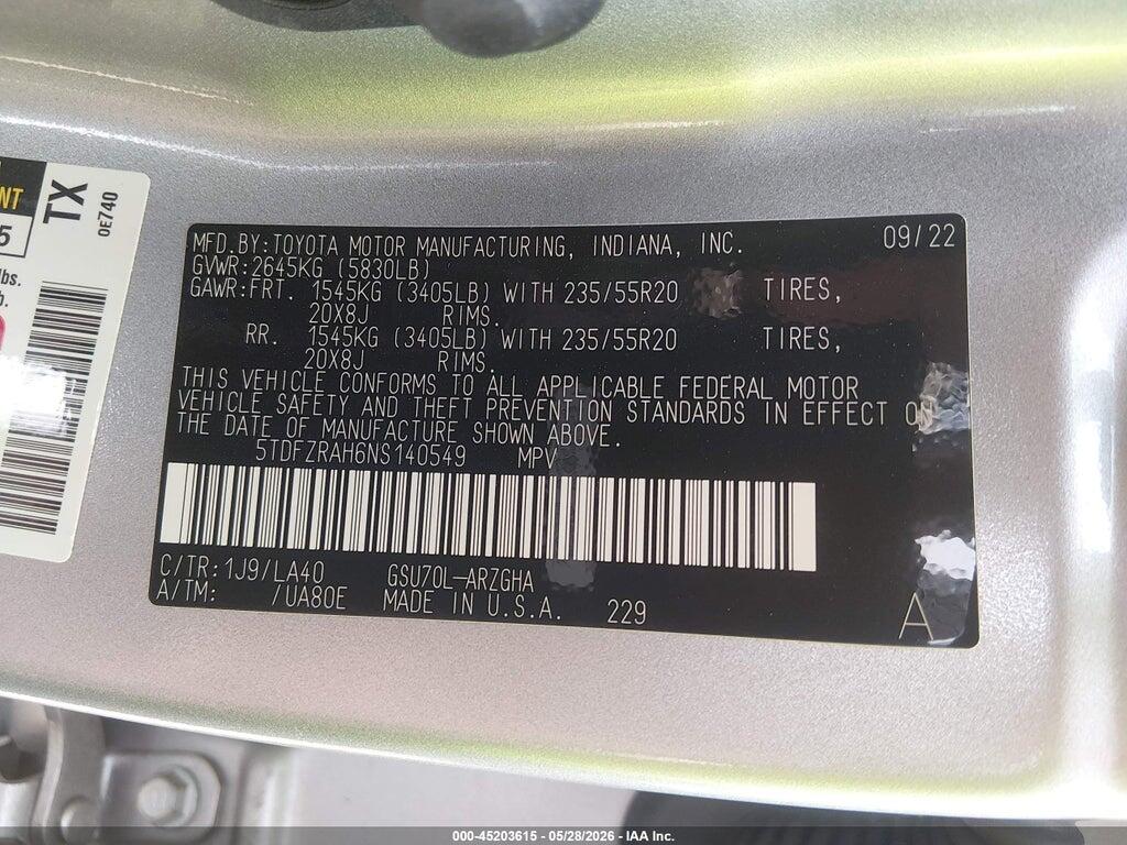5TDFZRAH6NS140549 2022 TOYOTA HIGHLANDER photo no. 9