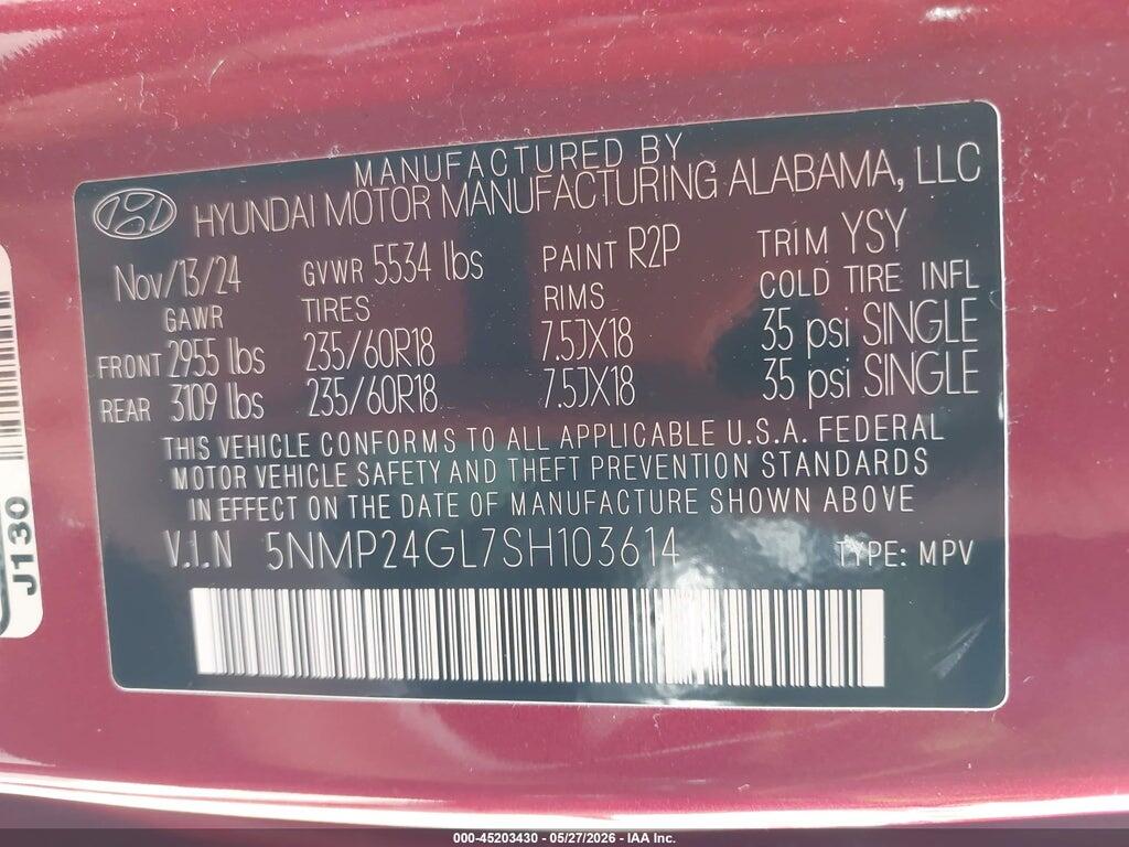 5NMP24GL7SH103614 2025 HYUNDAI SANTA FE photo no. 9