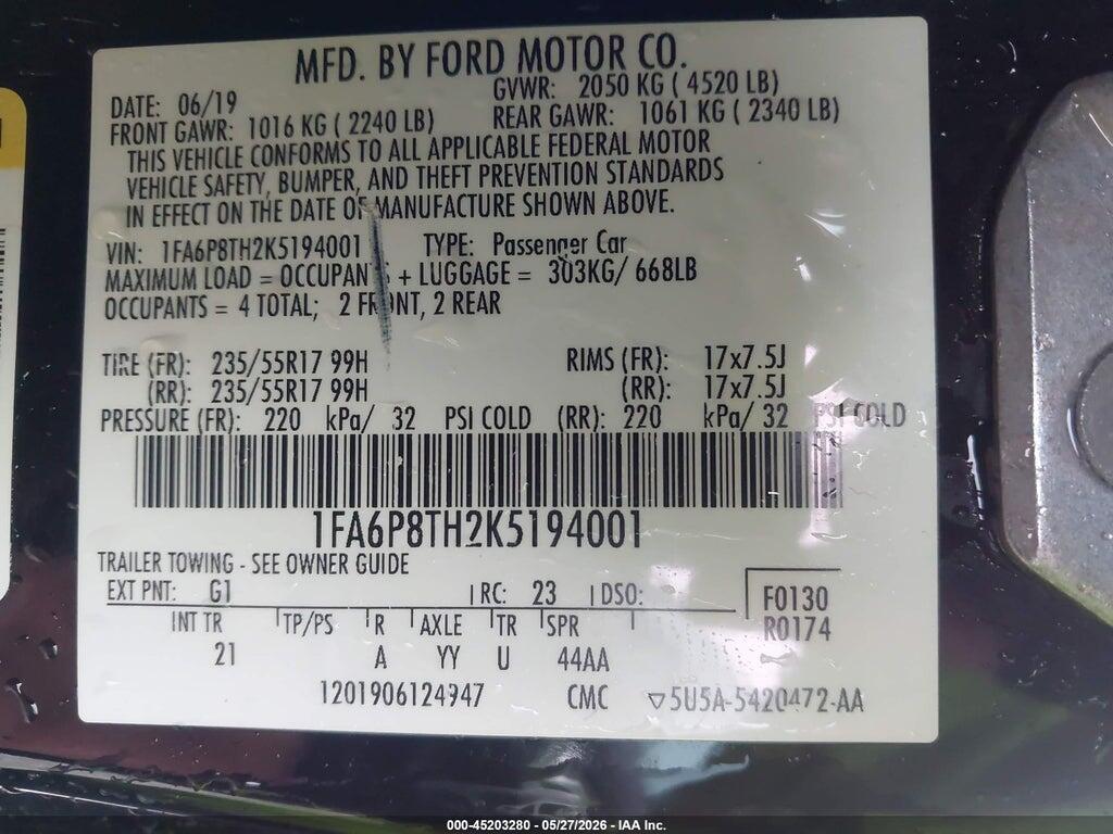 1FA6P8TH2K5194001 2019 FORD MUSTANG photo no. 9