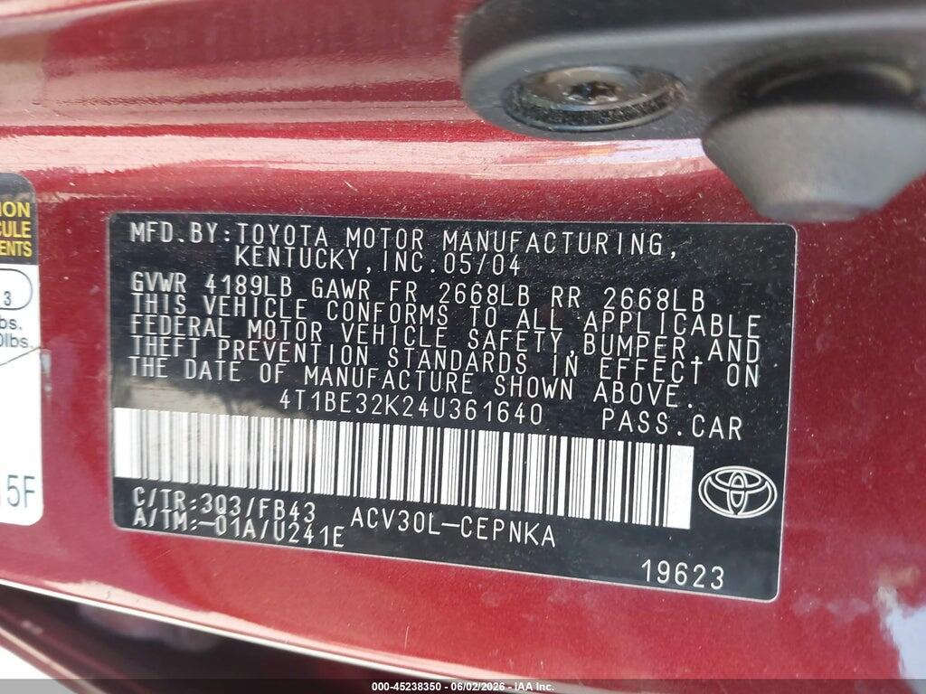 4T1BE32K24U361640 2004 TOYOTA CAMRY photo no. 9