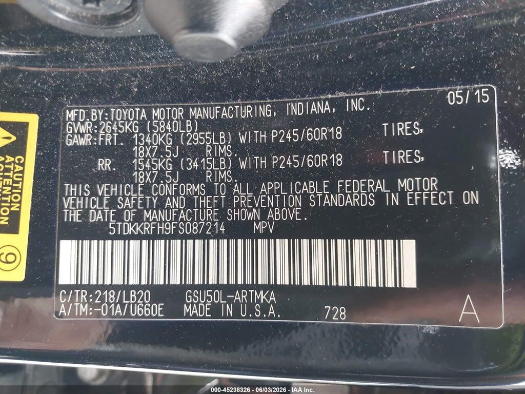 5TDKKRFH9FS087214 2015 TOYOTA HIGHLANDER photo no. 9