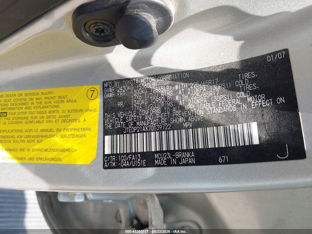 JTEDP21AX70139722 2007 TOYOTA HIGHLANDER photo no. 9