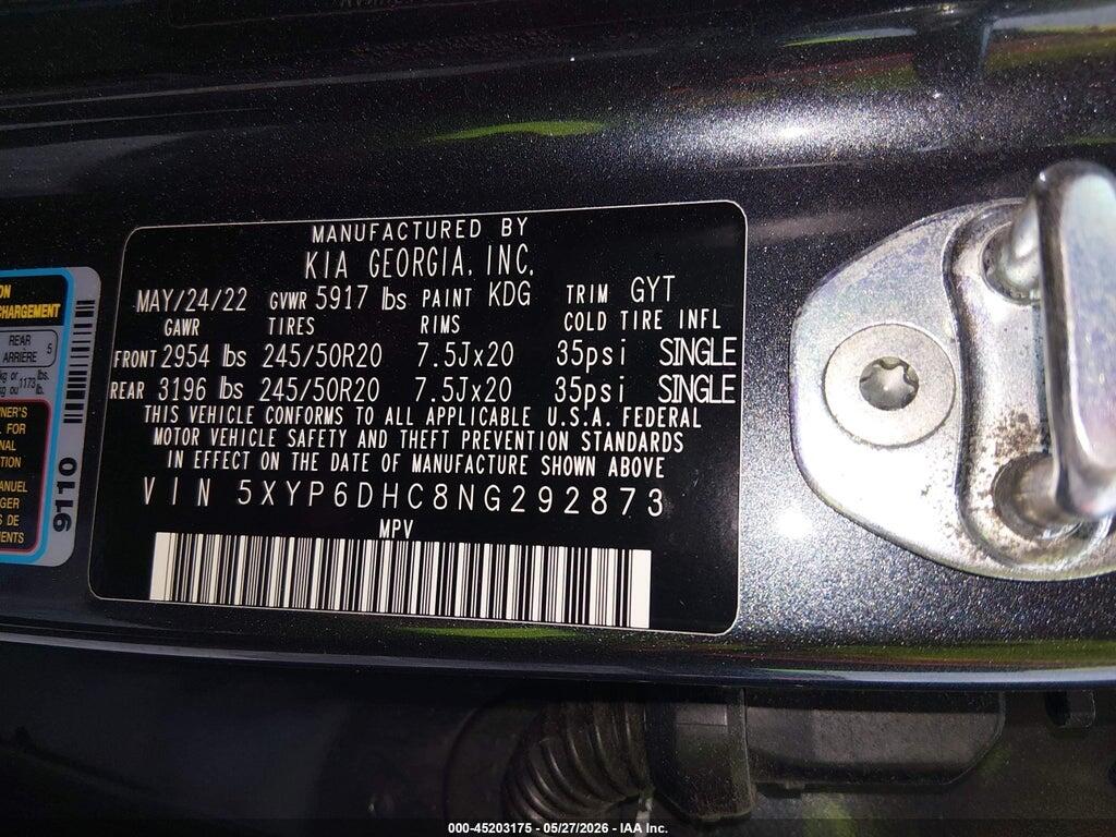 5XYP6DHC8NG292873 2022 KIA TELLURIDE photo no. 9