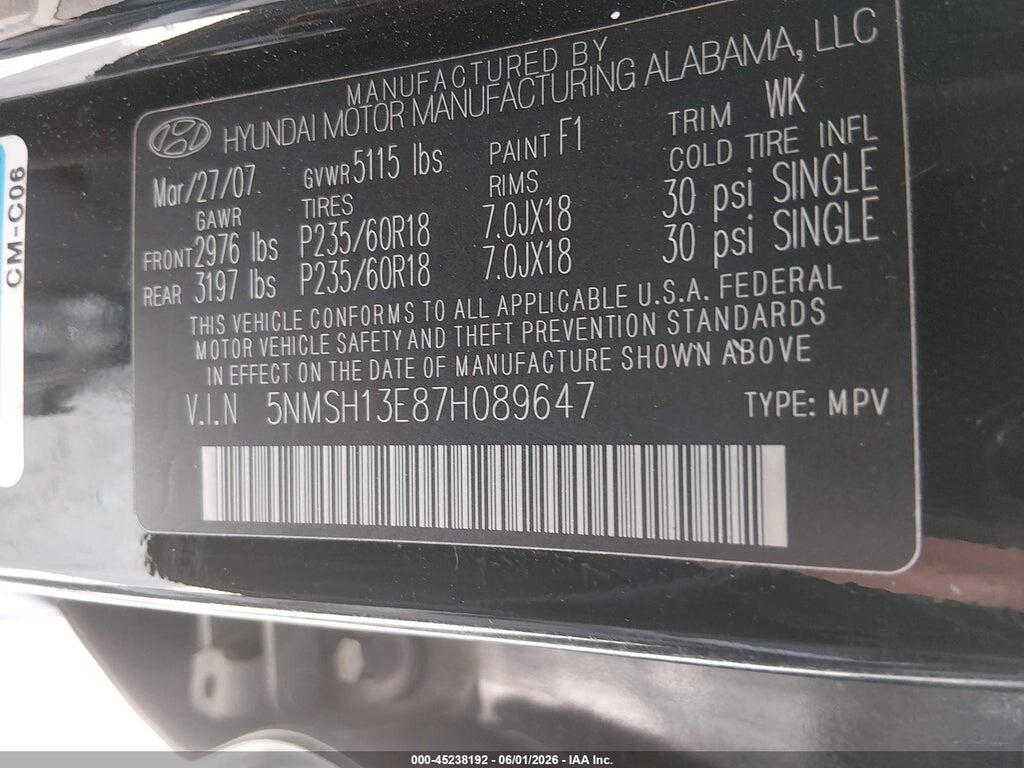 5NMSH13E87H089647 2007 HYUNDAI SANTA FE photo no. 9