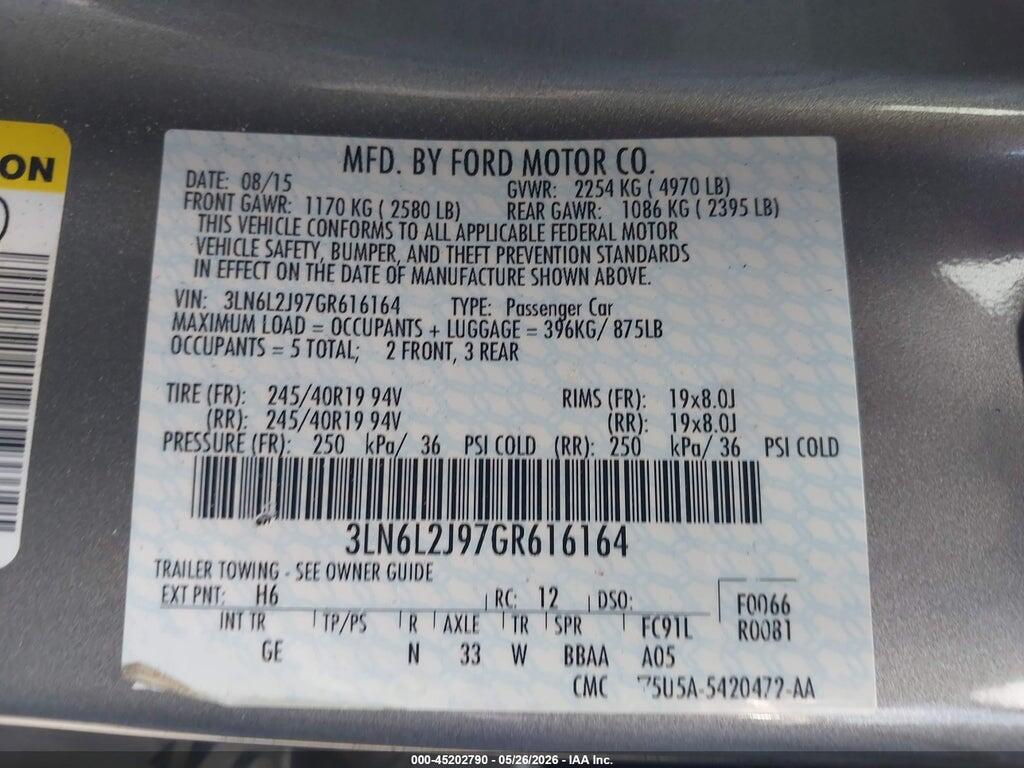 3LN6L2J97GR616164 2016 LINCOLN MKZ photo no. 9
