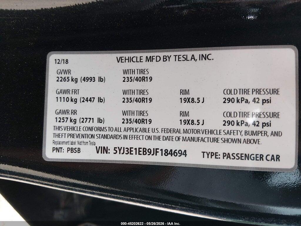 5YJ3E1EB9JF184694 2018 TESLA MODEL 3 photo no. 9
