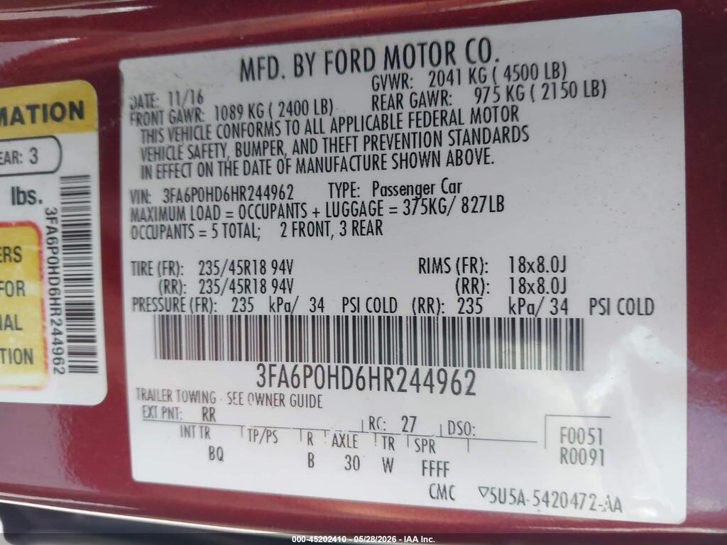 3FA6P0HD6HR244962 2017 FORD FUSION photo no. 9