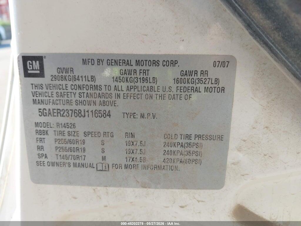 5GAER23768J116584 2008 BUICK ENCLAVE photo no. 9